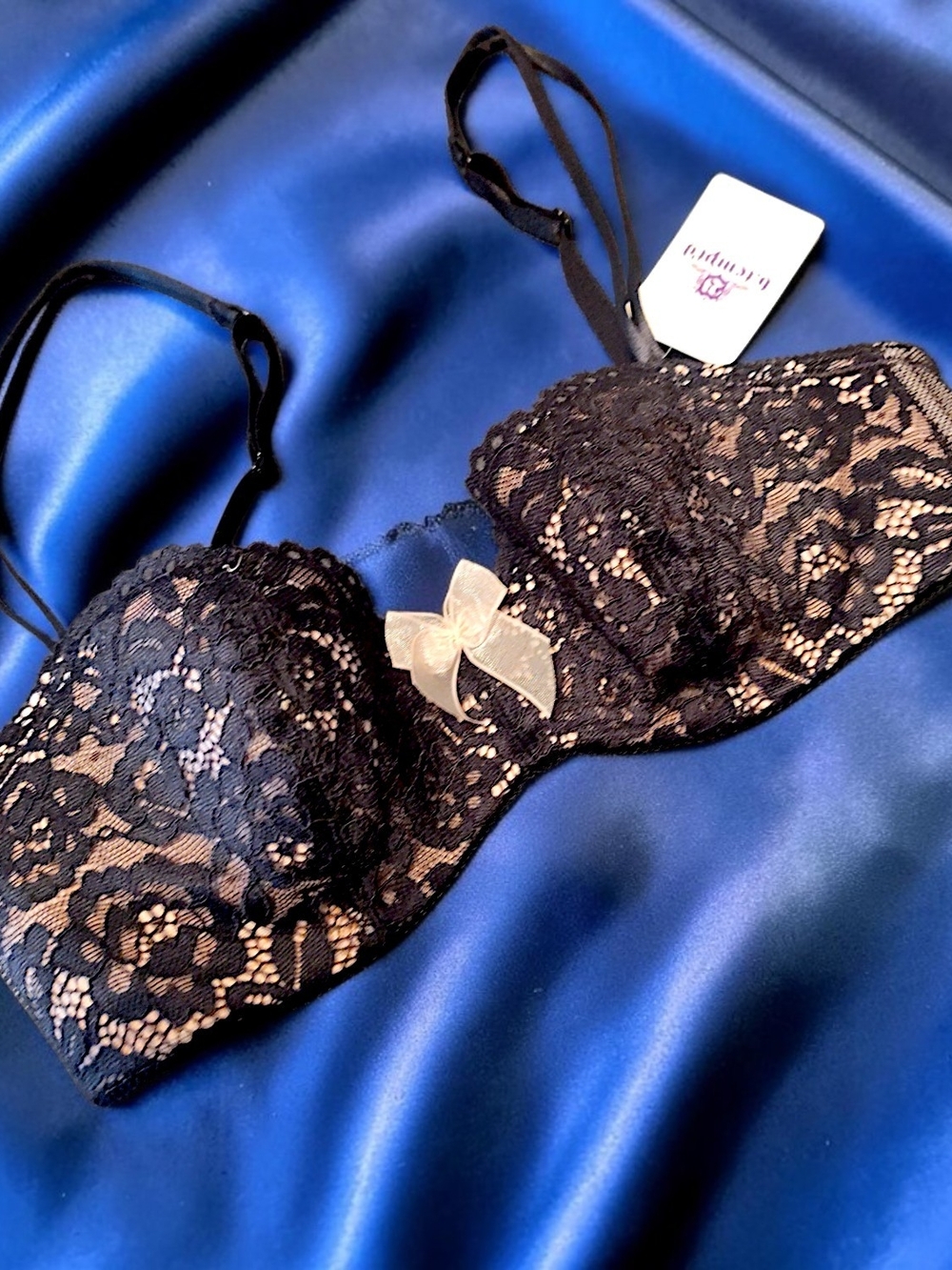 Lace" b. Tempted" Balconette Bra with Satin Bow — Black